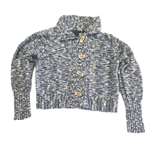 Nomadic Traders Y2K Knit Sweater M Blue Navy White Chunky Wood Buttons - Picture 5 of 10